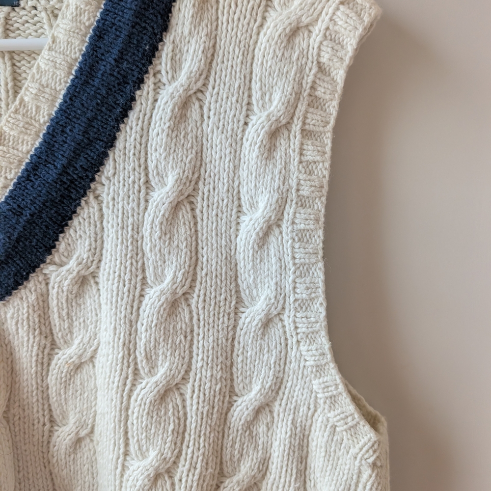 HAND KNIT - Ralph Lauren Cream Cable V-Neck Sweater Vest with Navy Trim - Picture 3 of 5